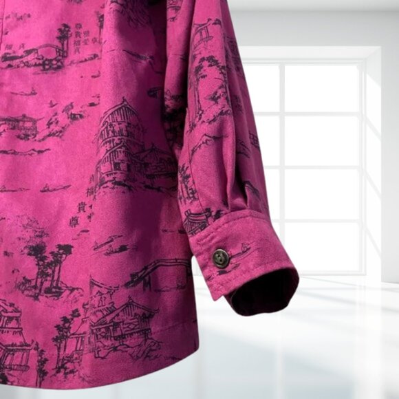 Chico's Large Pink Black Asian Scene Print Tunic Shirt Blouse Long Sleeve Button - Picture 6 of 10
